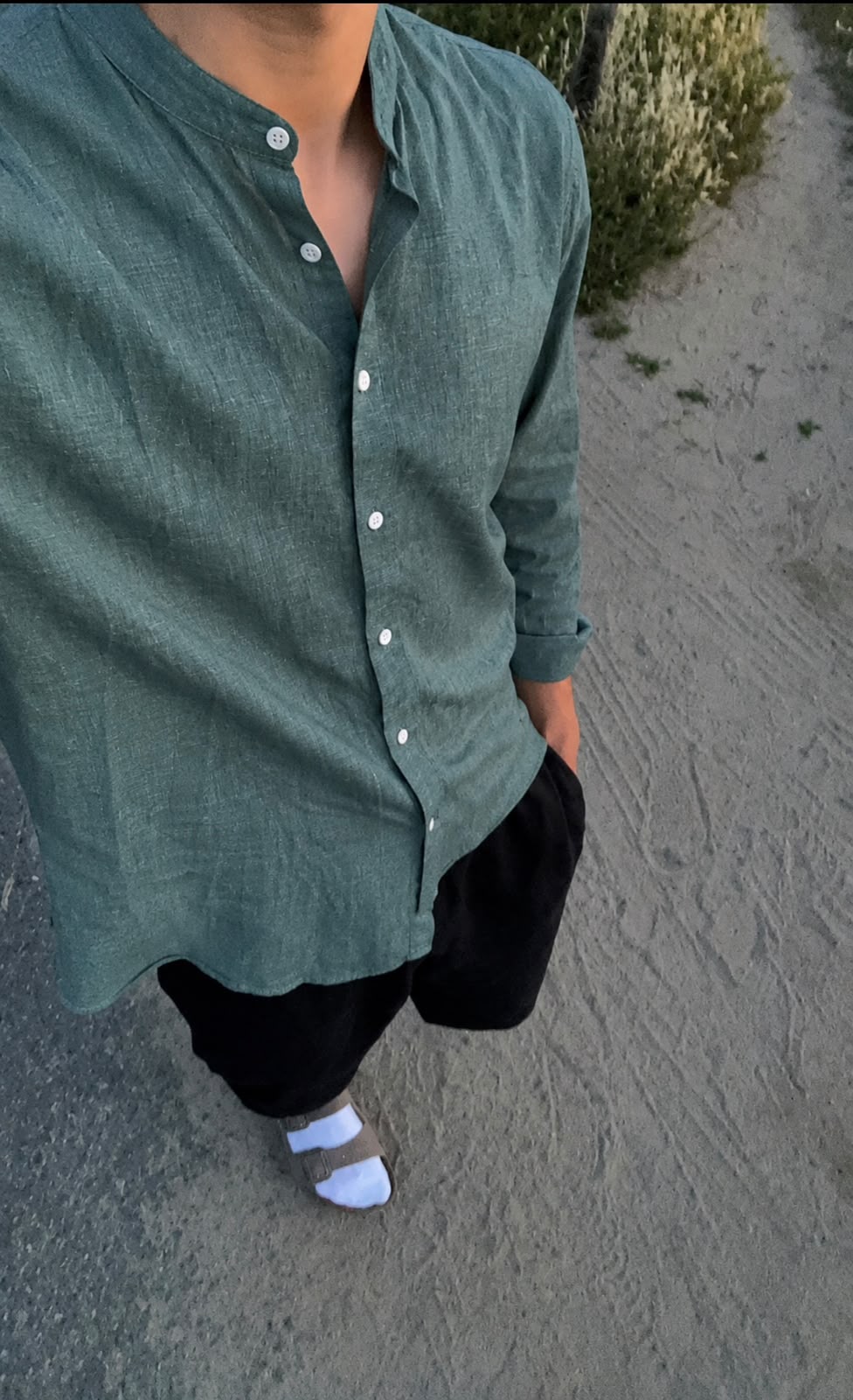 Sage Green Textured Mandarin Collar Shirt