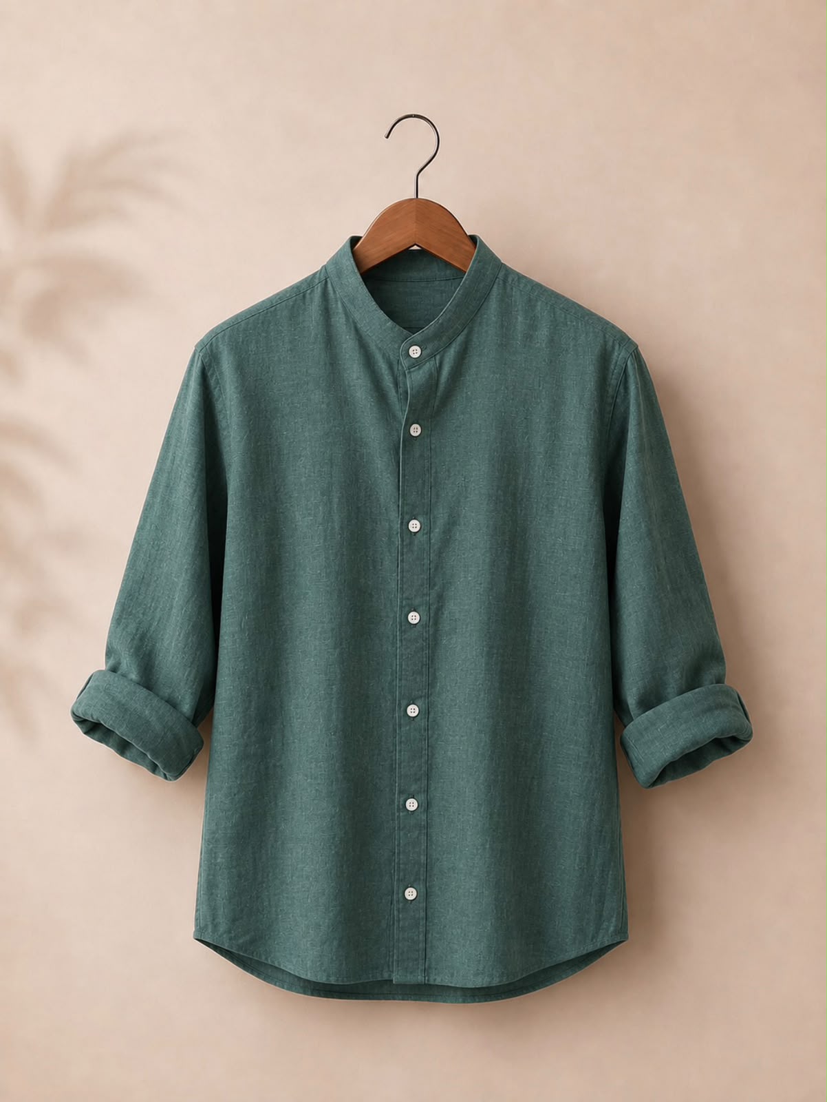 Sage Green Textured Mandarin Collar Shirt