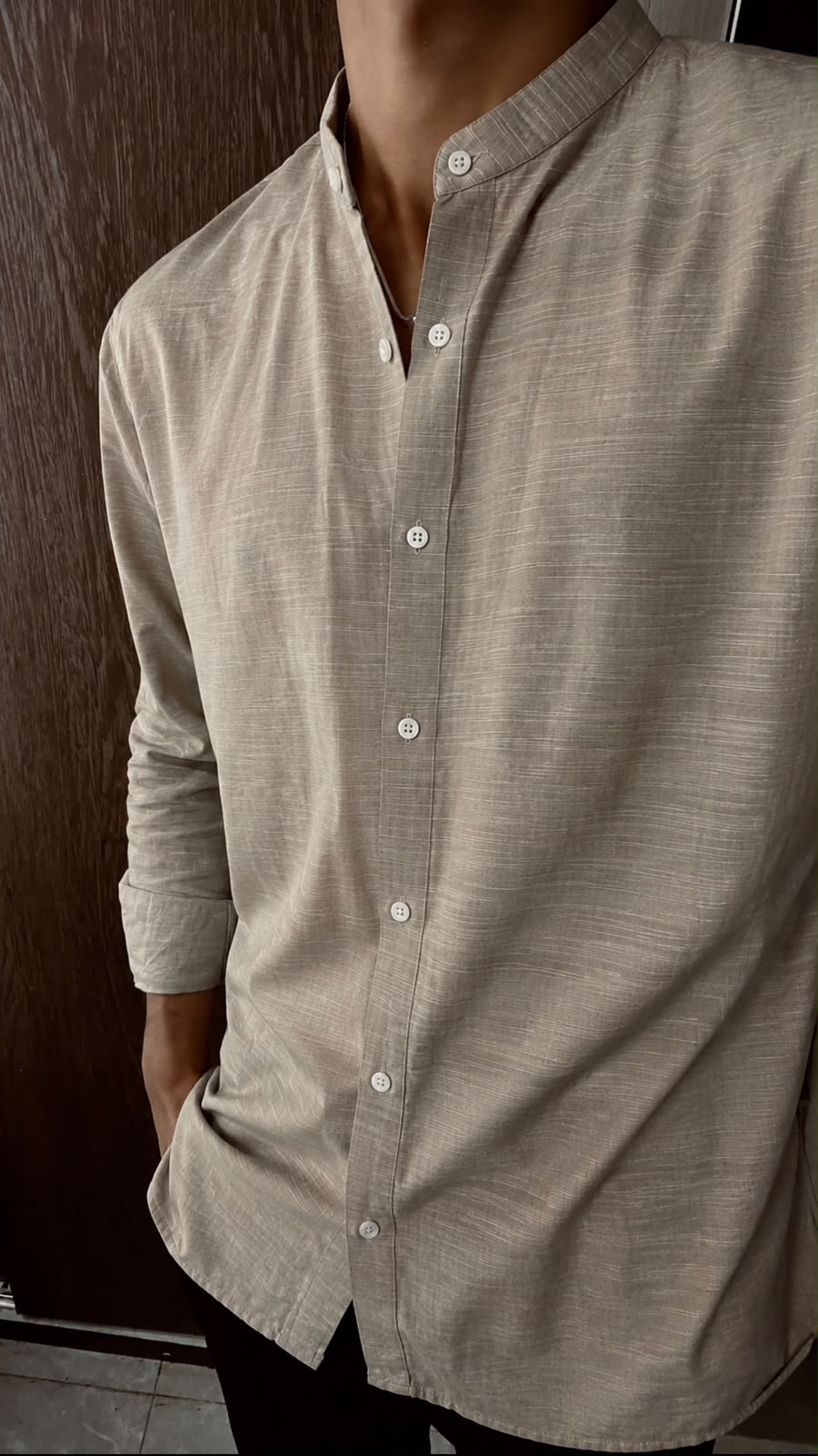 Textured Beige Mandarin Collar Shirt